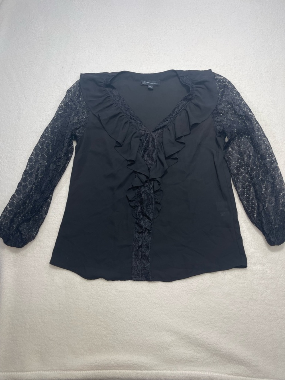 NY&C Black Lace Sleeve Ruffle Blouse Medium Sheer V-Neck Top